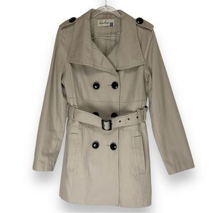 Louie Louie Trench Coat Mid Length Tan Beige Classic Belted Raincoat Size Medium